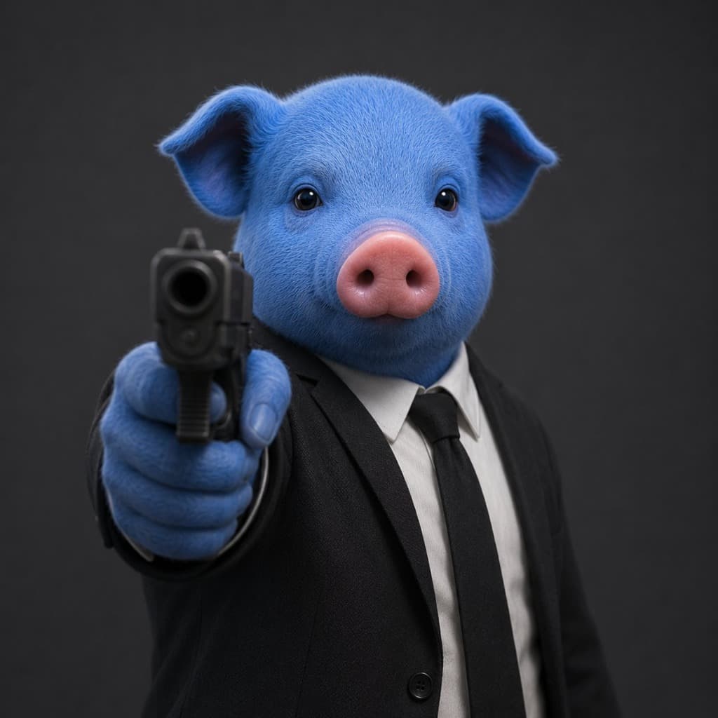 blue pig in suit pointing gun